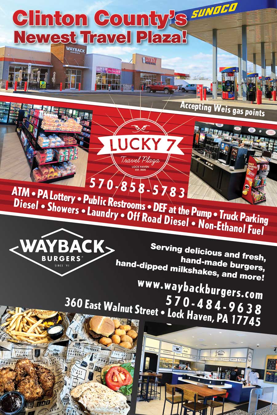Lucky 7 Travel Plaza • Wayback Burgers <center>Lucky 7 Travel Plaza | <b><a href="https://www.facebook.com/Lucky7LH/" target="_blank" rel="noopener noreferrer">CLICK HERE to view the website</a></b> <br /> Wayback Burgers | <b><a href="https://waybackburgers.com/" target="_blank" rel="noopener noreferrer">CLICK HERE to view the website</a></b></center>