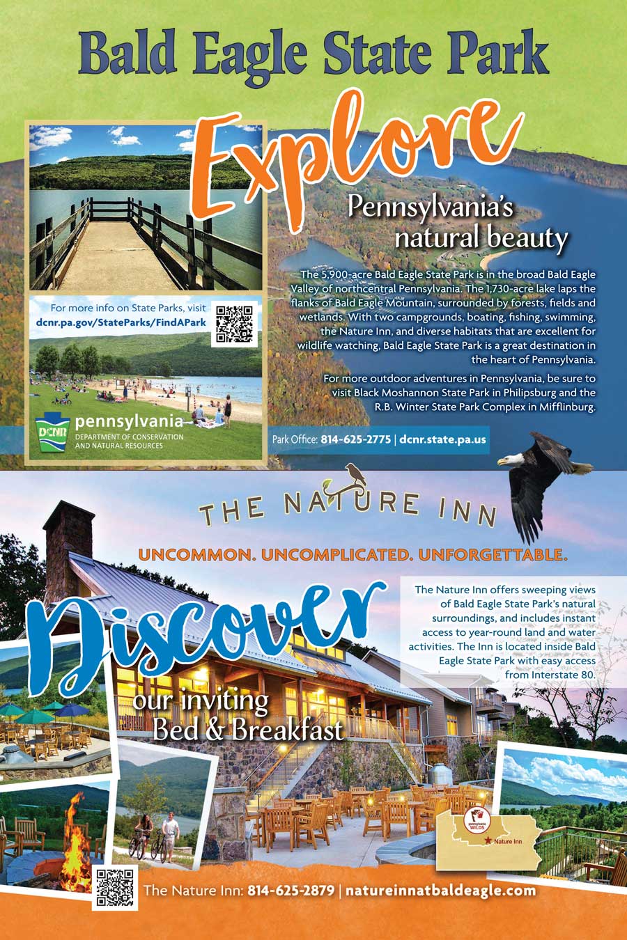 Bald Eagle State Park • The Nature Inn <center>Bald Eagle State Park | <b><a href="https://www.dcnr.pa.gov/Pages/default.aspx" target="_blank" rel="noopener noreferrer">CLICK HERE to view the website</a></b> <br /> The Nature Inn | <b><a href="https://www.natureinnatbaldeagle.com/" target="_blank" rel="noopener noreferrer">CLICK HERE to view the website</a></b></center>